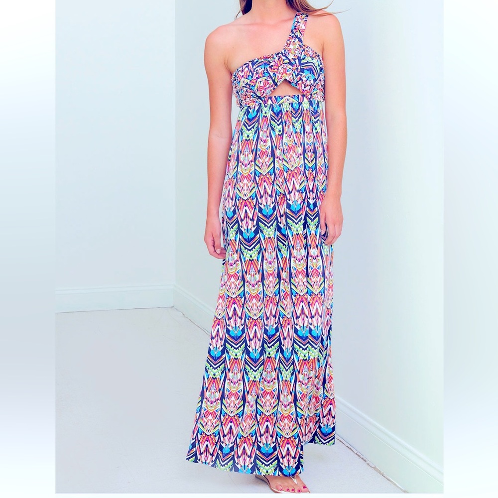NWT $210 T Bags One Shoulder Cut Out Multi Color Print Maxi Dress sz XS